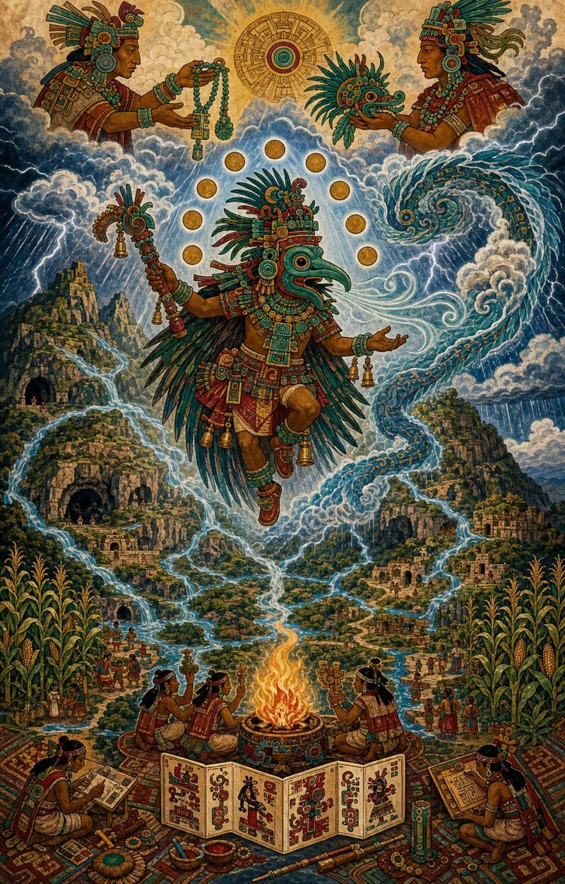 A contemporary painted interpretation of Lord 9 Wind descending from the sky with rain, wind and lightning over mountains, rivers and maize fields, with people gathered around a fire and an open painted book.